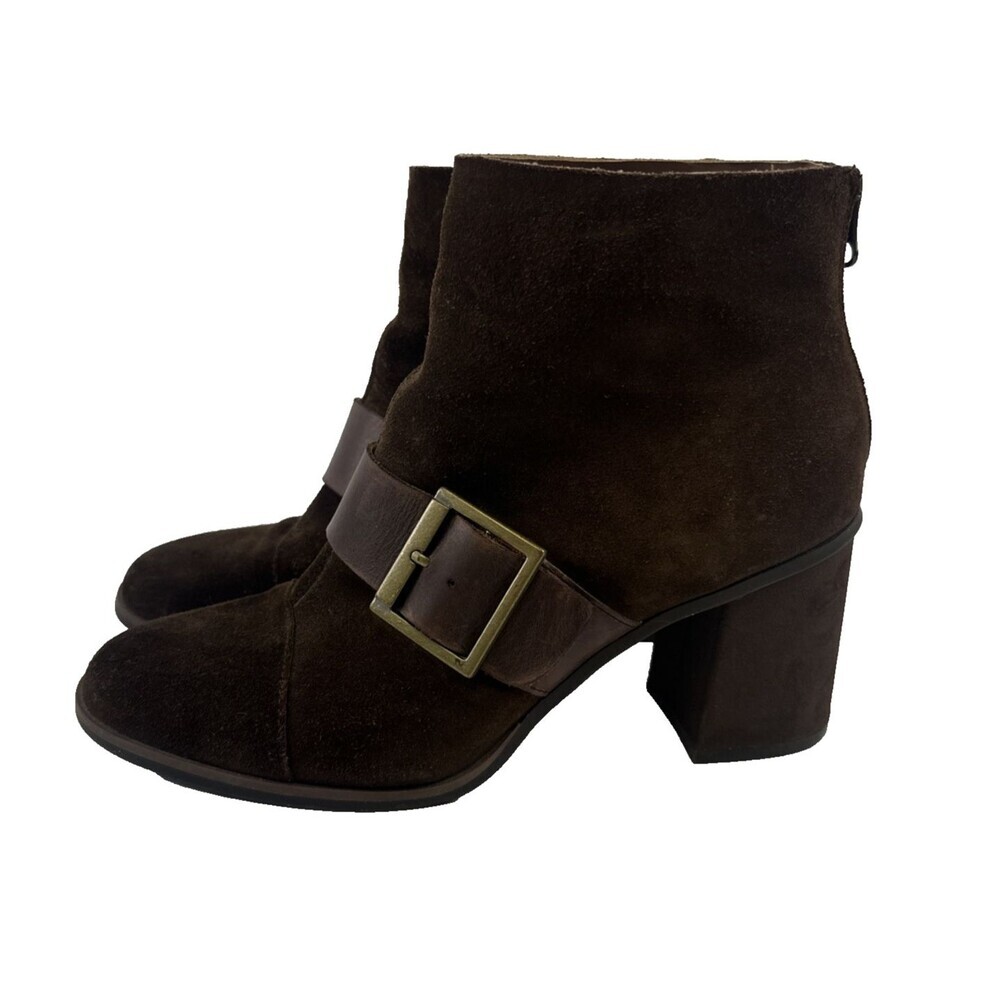 Korks Denoon Suede Ankle Boot Block Heel Buckle Back‎ Zip Brown Round Womens 8.5